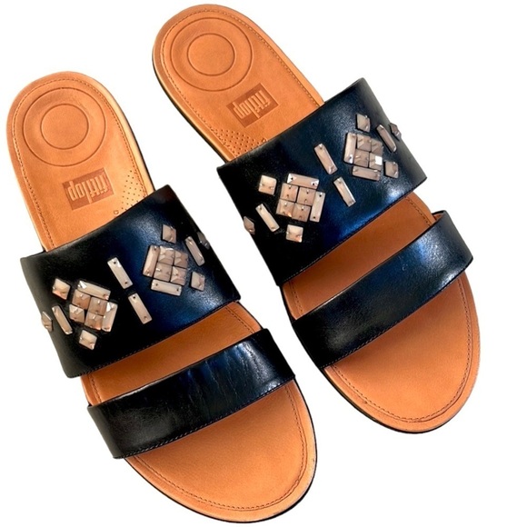 EUC FitFlop Leather Delta Beaded Slide Sandals Black Size 10 - Picture 1 of 8